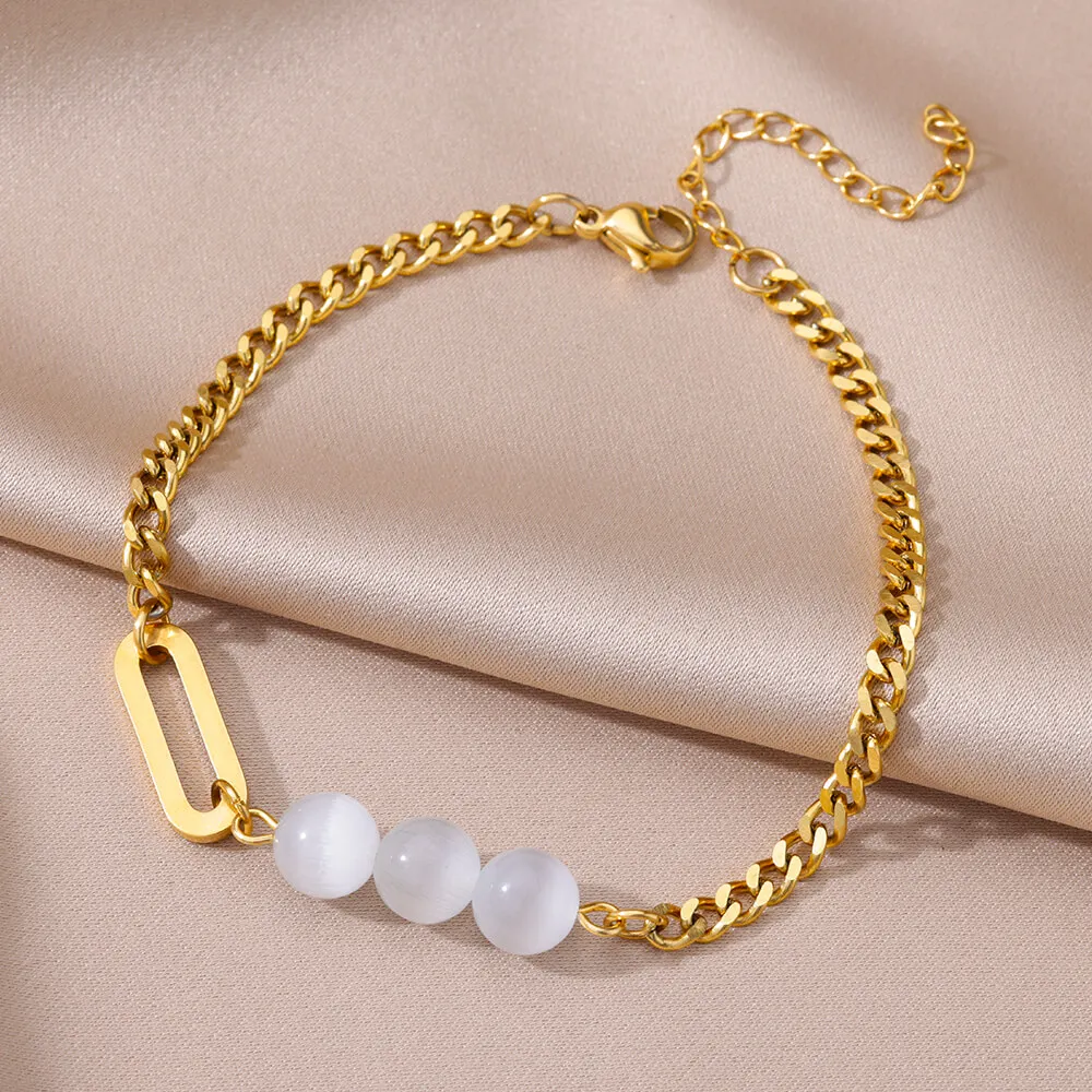 

Stainless Steel Anklets White Opal Anklet 18K Gold Color Chain Romantic Cute Round Jewelry Gift Summer New 2023 Free Shipping