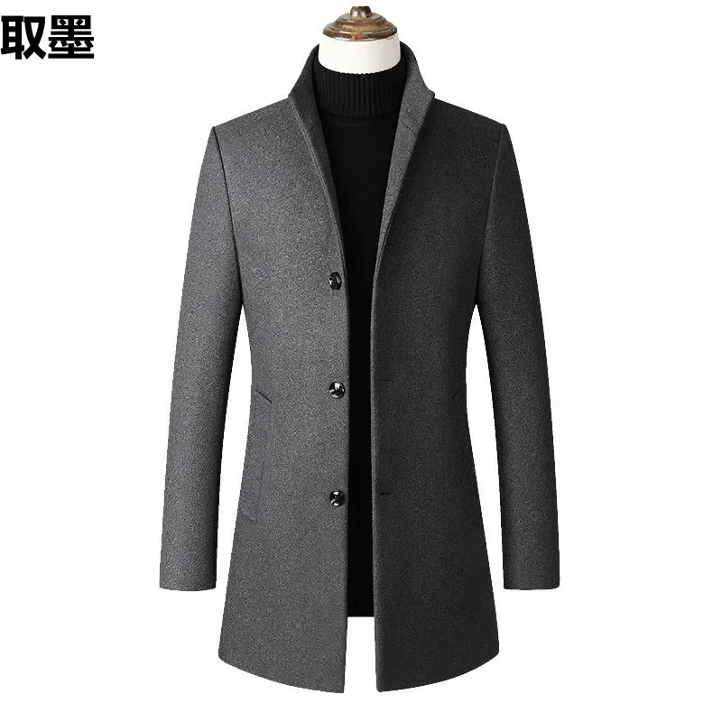Мужское шерстяное пальто с воротником-стойкой однотонное простой дизайн