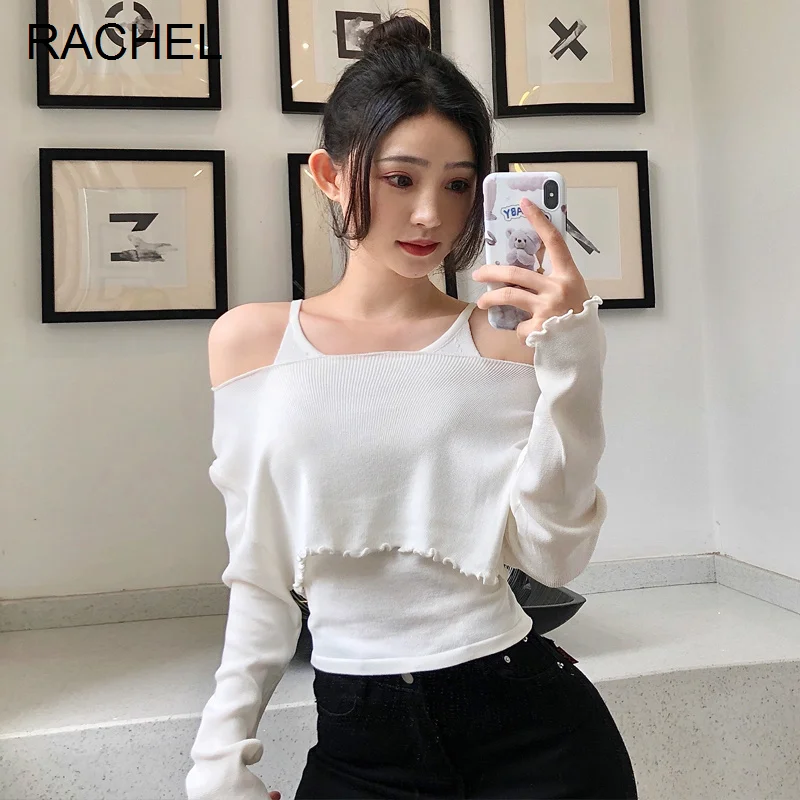 

Женский весенний костюм-двойка с длинным рукавом и открытыми плечами