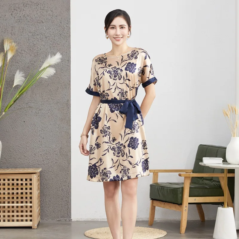 

Top Quality 2023 Spring Summer Fashion Women Elegant Silk Dress Women Short Sleeve Office Lady Print Dresses Free Shipping