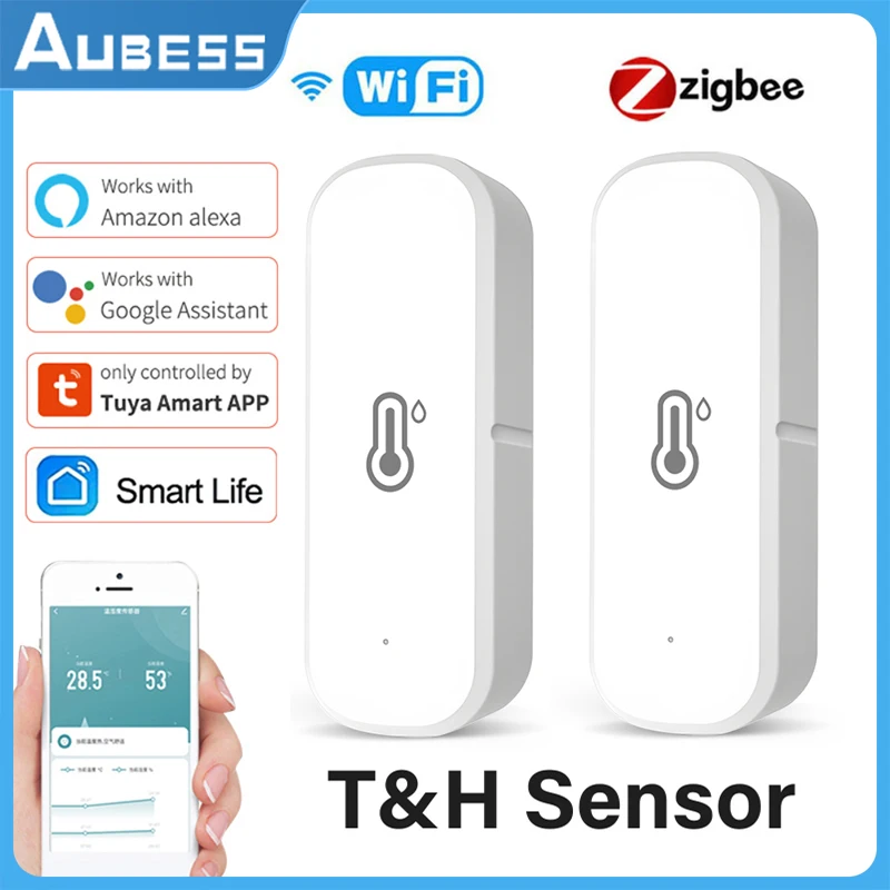 

AUBESS Tuya ZigBee/WiFi Temperature Humidity Sensor Home Connected Thermometer Compatible With Smart Life Alexa Google Assistant