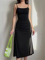 sexy backless strap dresses for women black sleeveless ruched slim party dress elegant fashion streetwear summer midi sundress