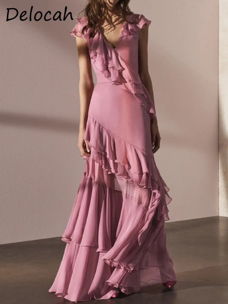 Delocah High Quality Summer Women Fashion Designer Ruffles Trim Dress Sexy V-Neck Solid Color Print Elegant Slim Long Dresses