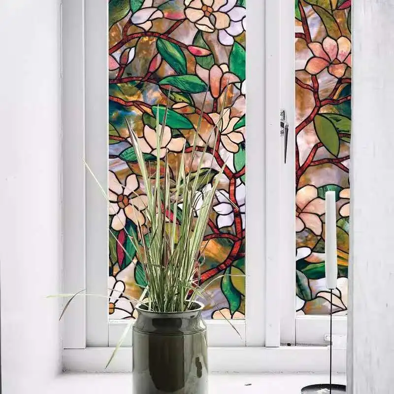

Electrostatic Adsorption Decorative Windo Film Privacy Glass Film Colorful Magnolia Square Window Sticker For Hotel Home Store