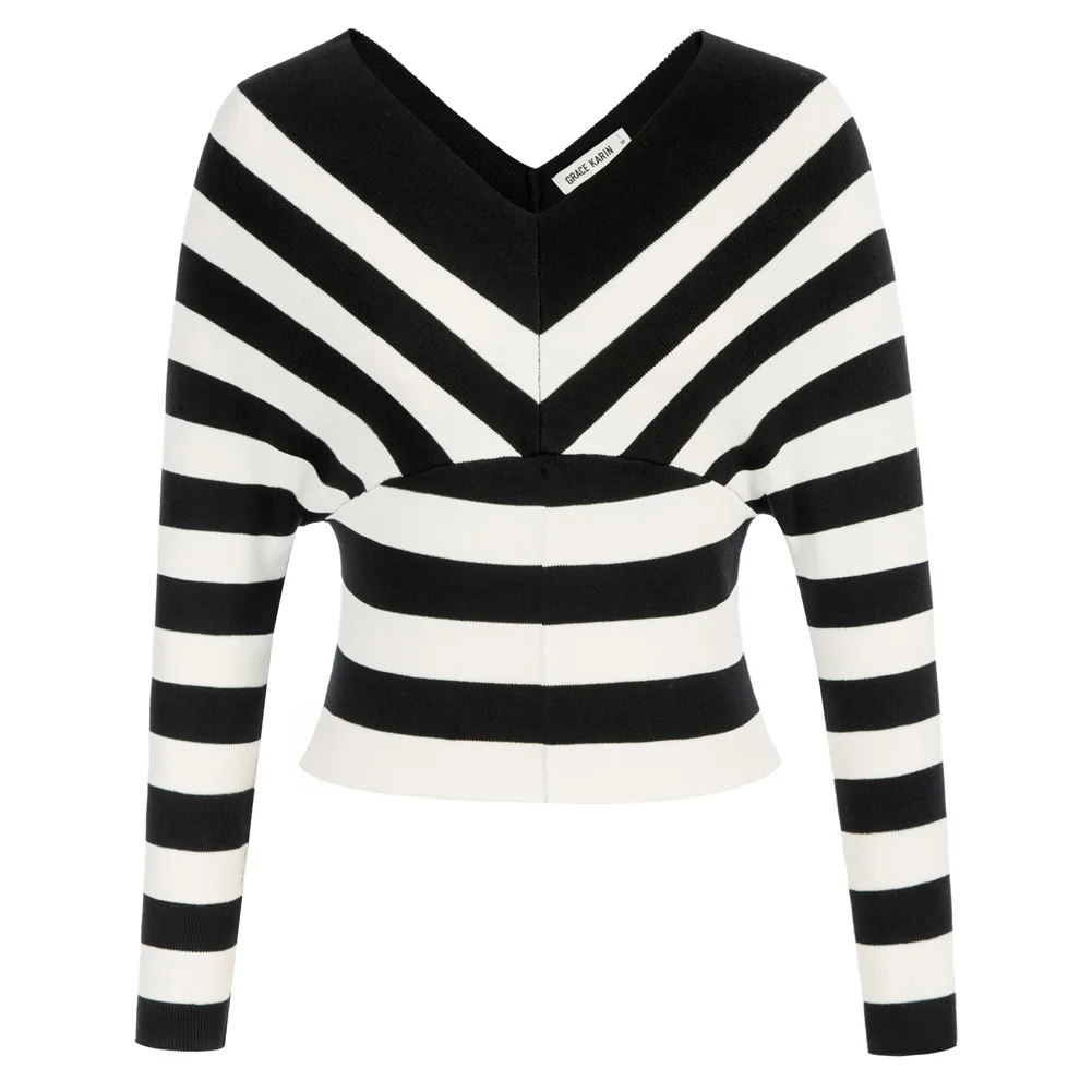 

GK Women's Blouse Striped Tops Contrast Color Comfy Fashion Long Batwing Sleeve Spring V-Neck Tops Korean Clothes Vintage Top