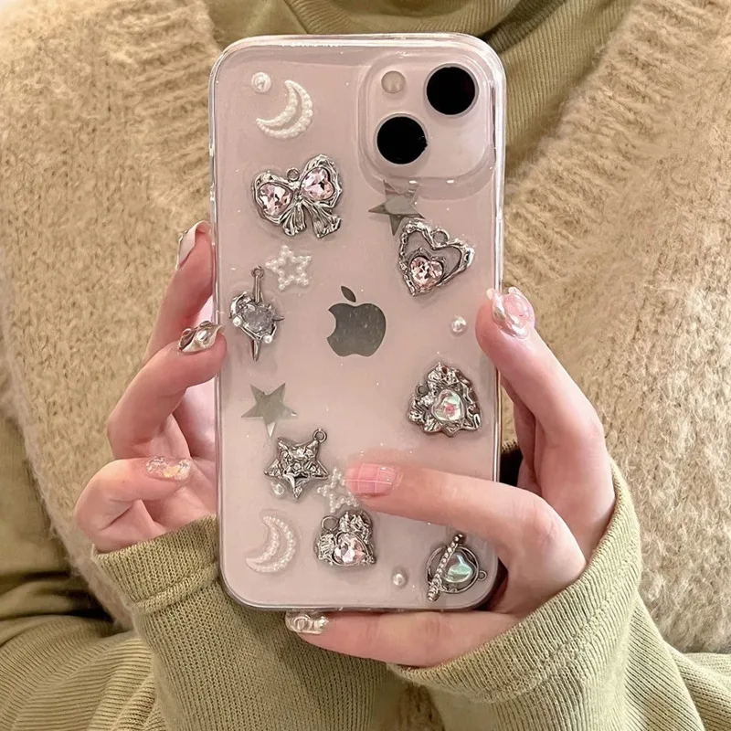 

Luxury 3D Metal Pink Diamond Pearl Bow Case For IPhone 11 12 13 14 Pro Max X XS XR Retro Girl Glitter Gem Transparent Soft Cover