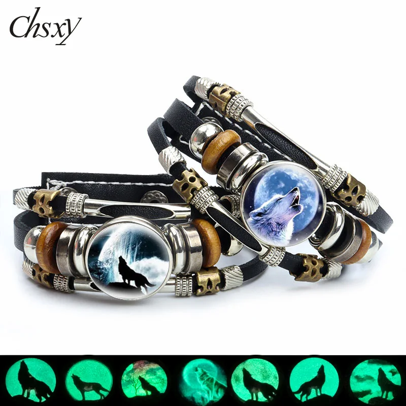 Luminous Full Moon Howl Wolf  Leather Bracelet Wicca Animal Power Norse Viking Amulet Glass Button Multilayer Bangles Wristbands