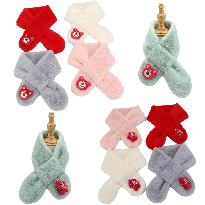 

Плюшевый шарф с рисунком клубники медведя лотса, милый осенне-зимний утепленный однотонный детский шарф из искусственного кролика