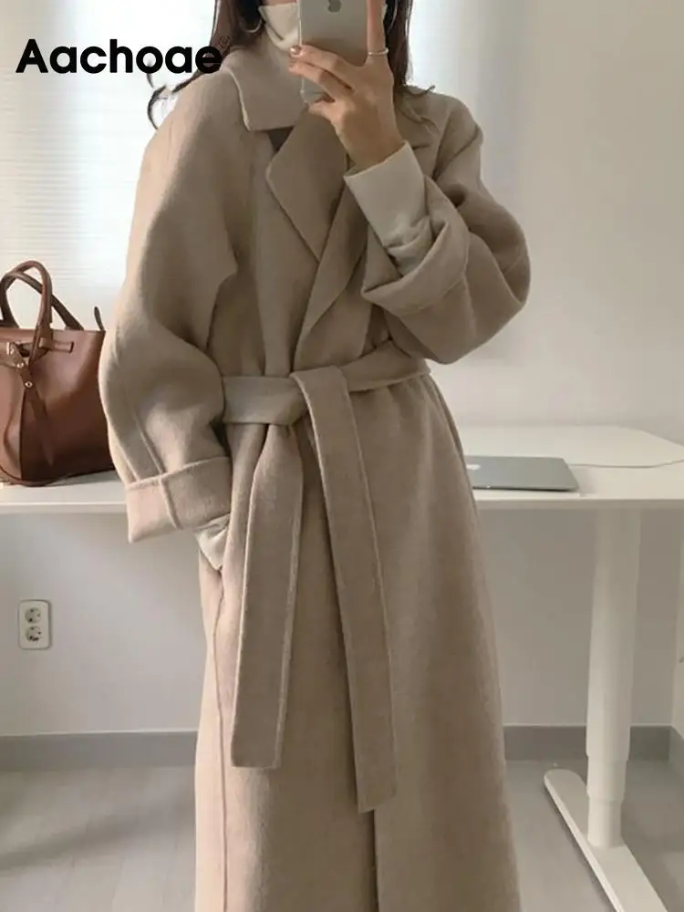 Aachoae Women Elegant Long Wool Coat With Belt Solid Color Long Sleeve Chic Outerwear Ladies Drop Shoulder Overcoat 2022