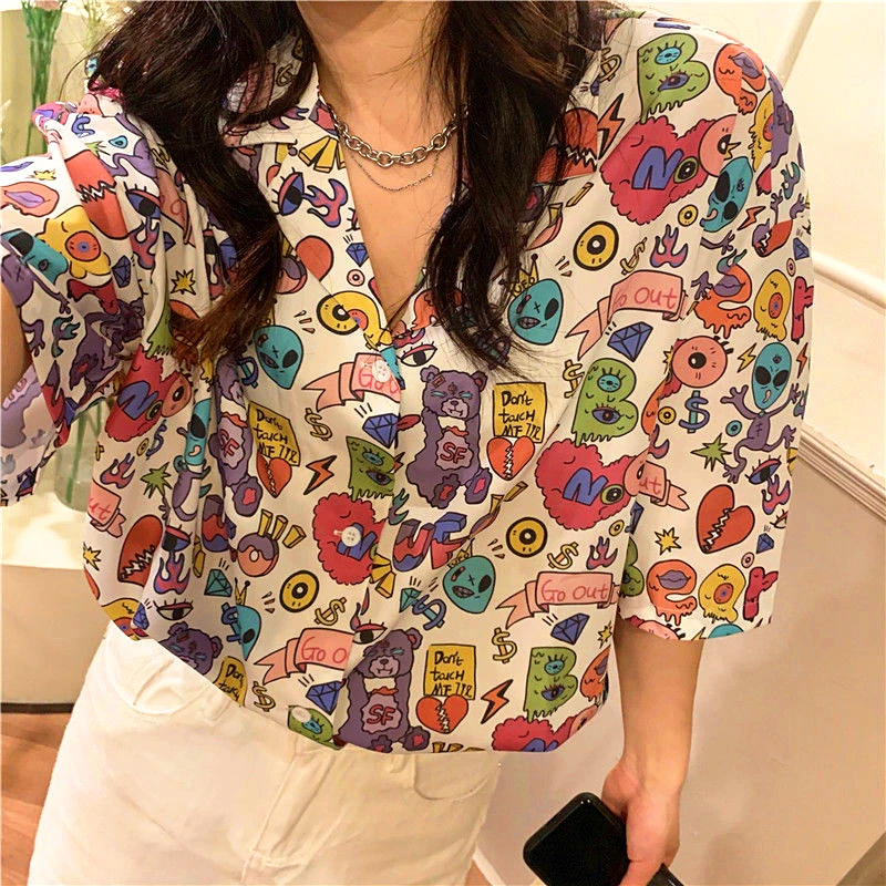 

Y2K aesthetic goth Cartoon Anime Graffiti Button Up Shirt for Men Women kawaii Loose Y2K Tops Summer Beach Hawaii Casual Blouses