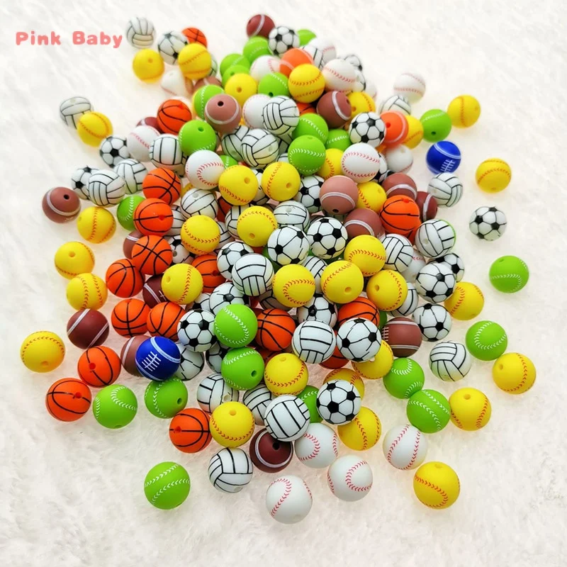 25pcs 15mm Silicone Baseball Beads BPA Free Infant Teething Chewable Necklace Pacifier Toys DIY Jewelry Making Accessories