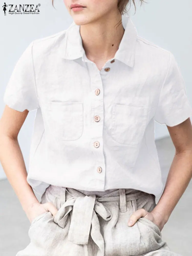 

Модная летняя рубашка ZANZEA с отложным воротником и коротким рукавом, Женская Повседневная Блузка, стильные офисные блузки, туника, Женские о...