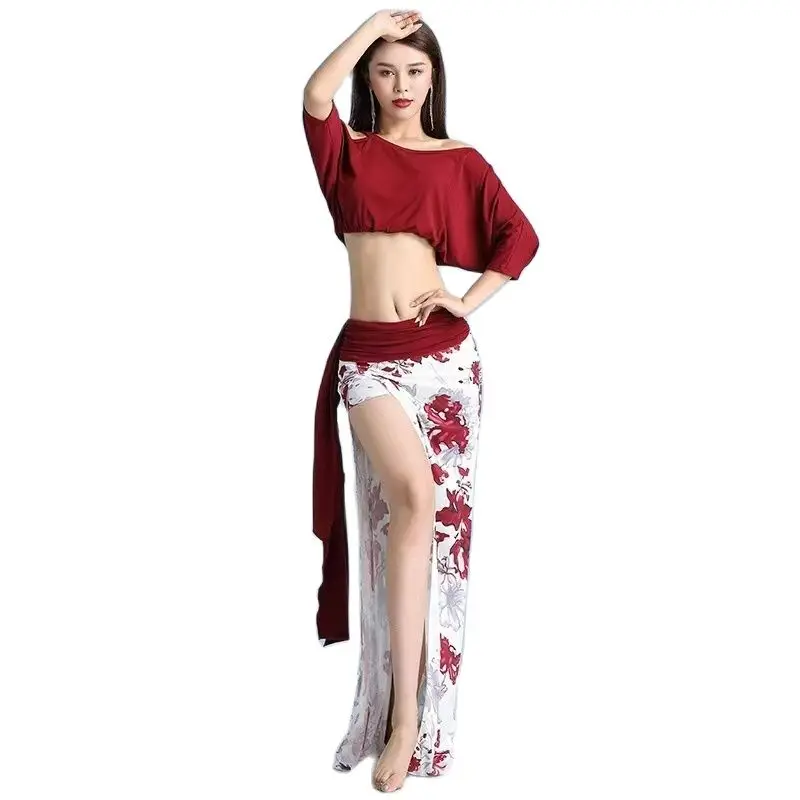 

New Adult Spring/Summer Belly Dance Floral Print Training Suit Slim Oriental Dance Show Clothes festival outfit women