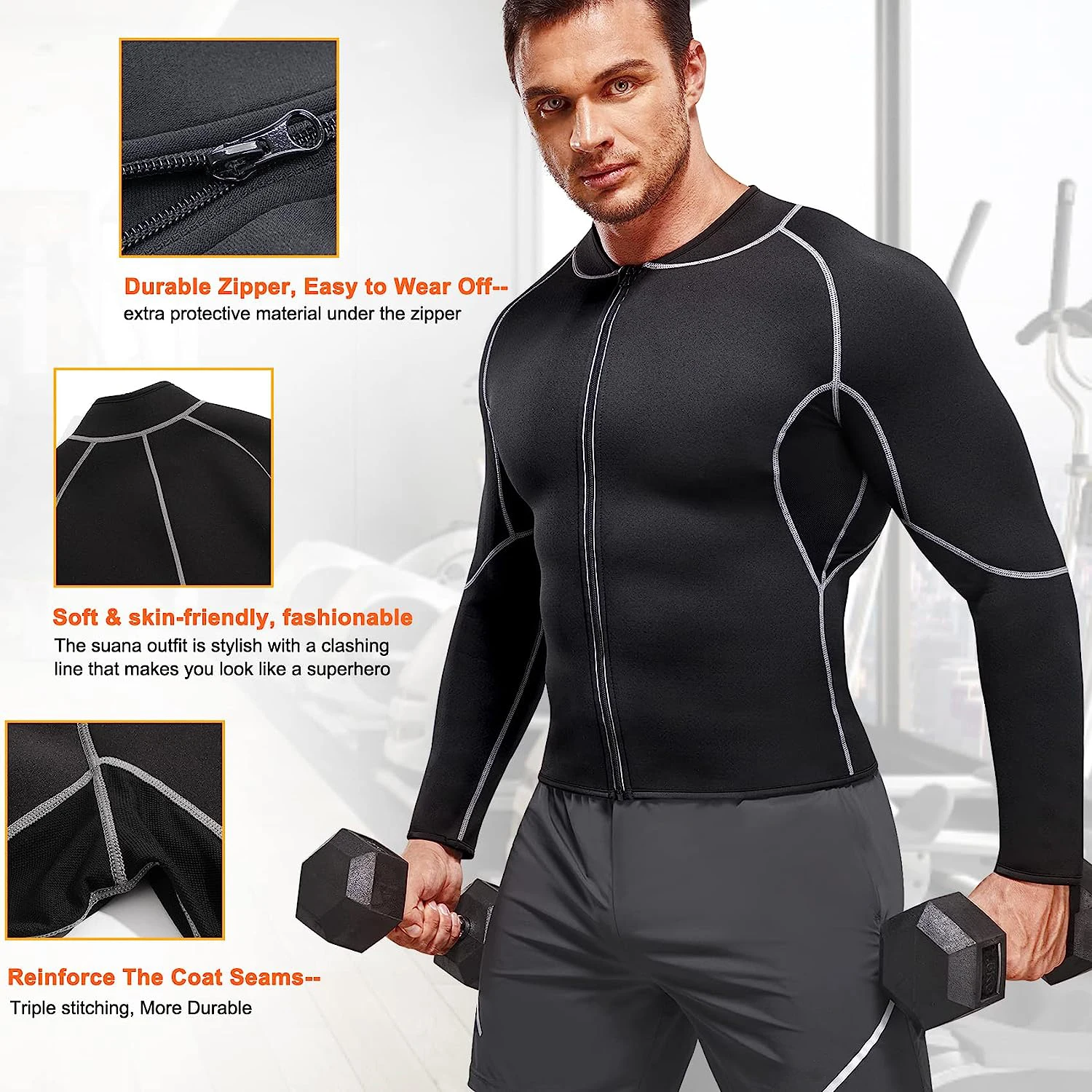 Men Sweat Neoprene Weight Loss Sauna Suit Workout Shirt Body Shaper Fitness Jacket Top Shapewear Long Sleeve Compression Shirts