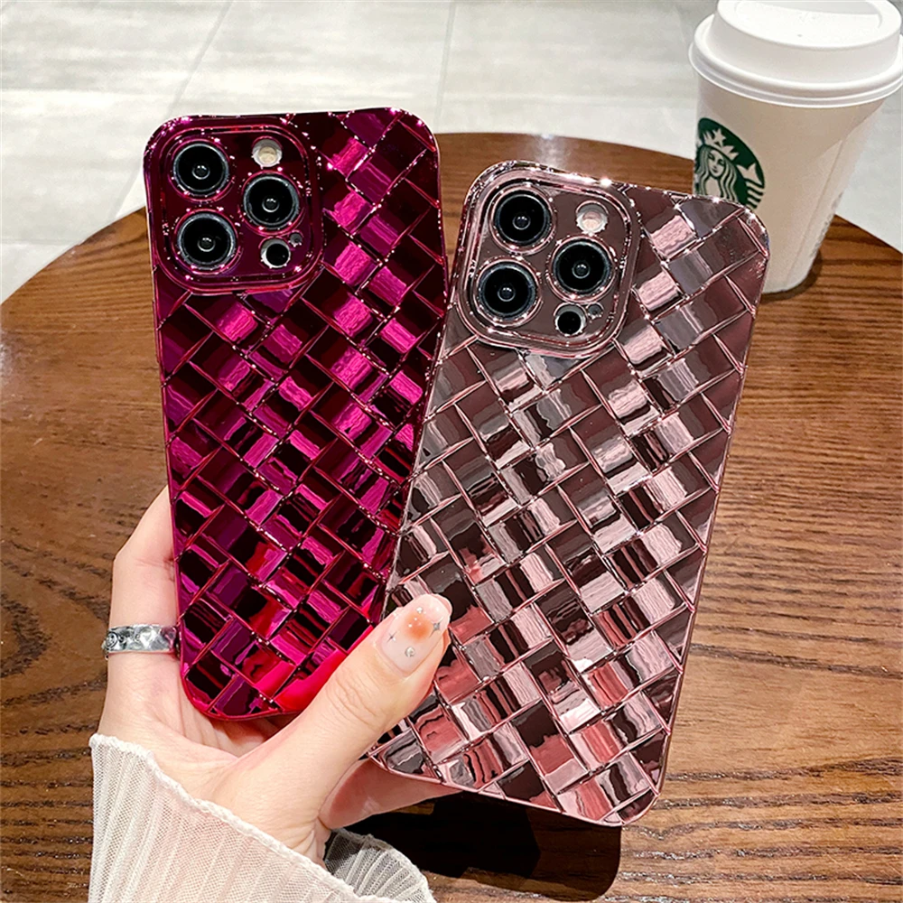 

3D Weave Texture Soft Silicone Phone Case For iPhone 11 12 13 14 Pro Max Plus Shockproof Airbag Luxury Electroplated Back Cover