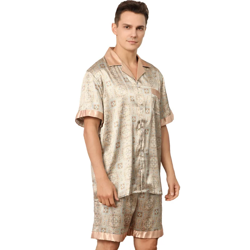 black Pyjama Men Printed Short Sleeved Shorts Pajamas for Men Set Satin Silk Set Men Pajamas Sleep Wear Pijamas European Size