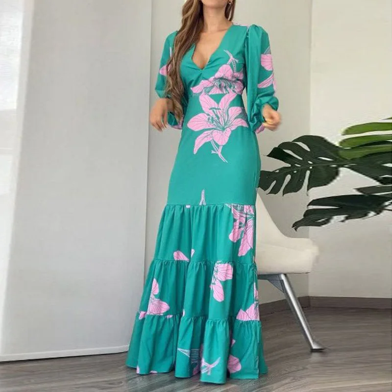 

Wepbel Elegant Bohe Dress Women V-neck Lantern Sleeve Ruffled Large Swing Dress Slim Fits Big Swing Spring Full Length Dress