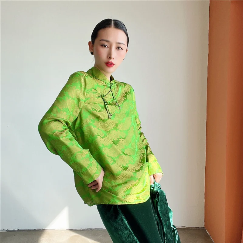 

Fashionable Tassel Single Breasted New Silk Jacquard Shirt Women's Chinese Style Stand Collar Spring And Summer Lady Top S-XL