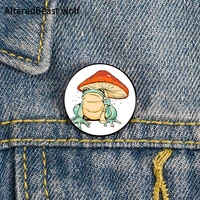 frog holding mushroom printed pin custom funny brooches shirt lapel bag cute badge cartoon enamel pins for lover girl friends