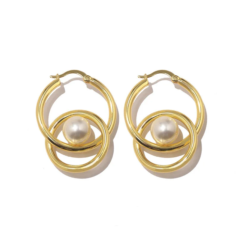 

Fashion Style Stud Earrings Copper Gold-plated Jewelry Simple Double Ring Letter Glossy Pearl Shape Gifts for Lovers