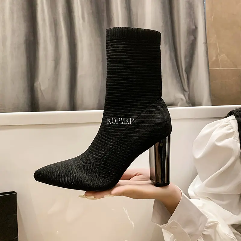 

Роскошные женские ботинки челси на высоком массивном каблуке, зимняя обувь, модные вязаные туфли-лодочки, дизайнерские пикантные теплые бо...