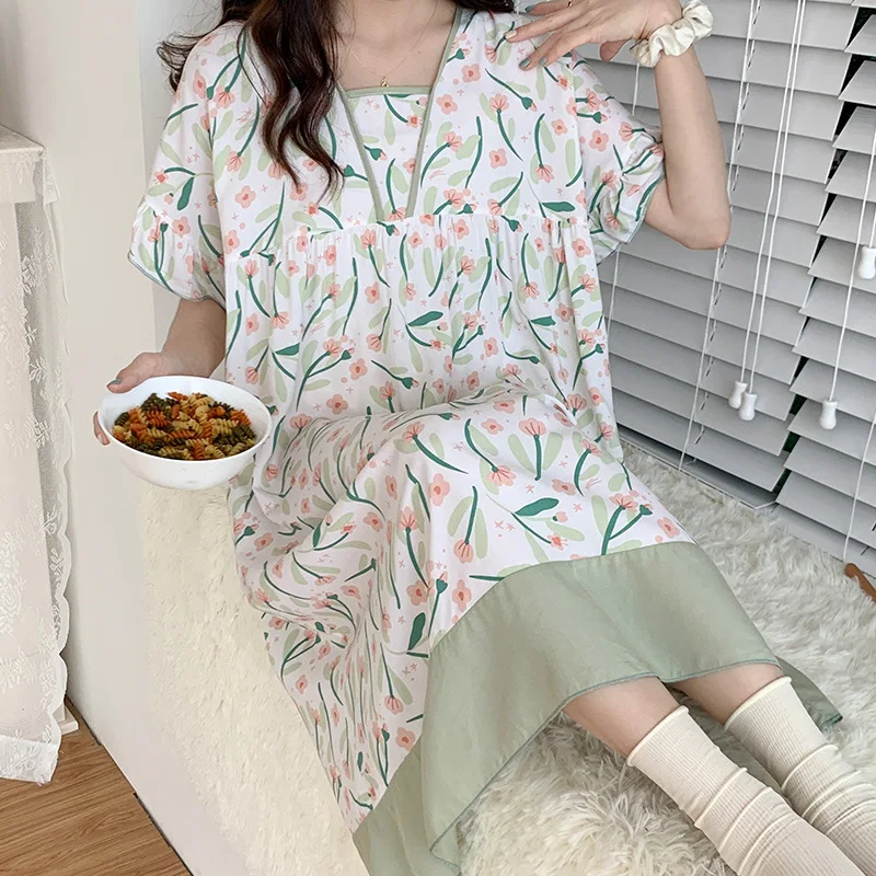 Summer Girls' Sweet and Lovely Short Sleeved Pajamas Women Loose Oversized Nightgown Household Clothes  Cute Colorful  Skirt