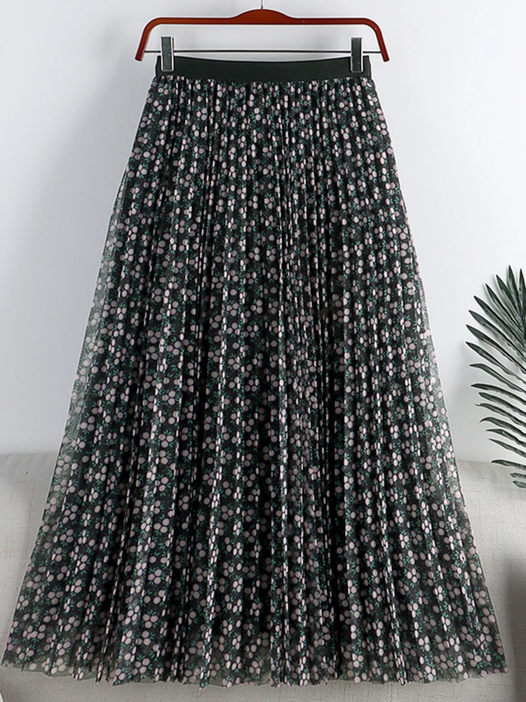 

TIGENA 3 Layers Floral Print Maxi Tulle Skirt Women 2022 Summer Holiday Aesthetic A Line High Waist Pleated Long Skirt Female