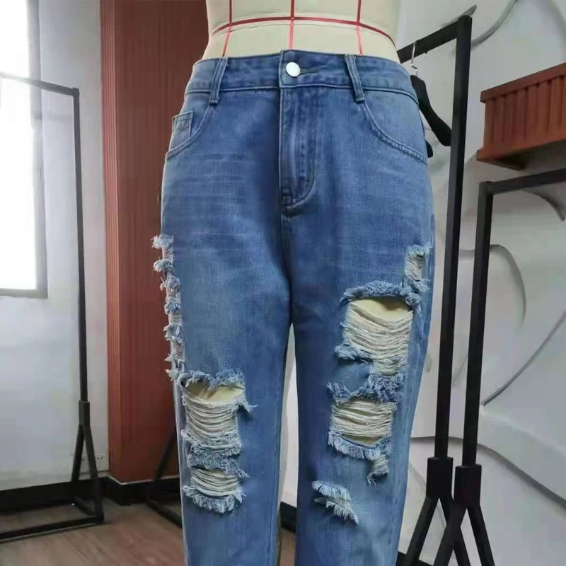 Casual High Street Cowboy Pants Ripped Jeans For Women Fashion Mid Waist Denim Trouses Sexy Vintage Hole Pencil Jeans Hot Sell
