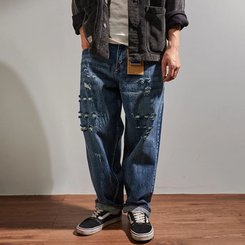 Red-ear jeans men's heavy hand-cut knife holes loose straight outline style jeans long pants