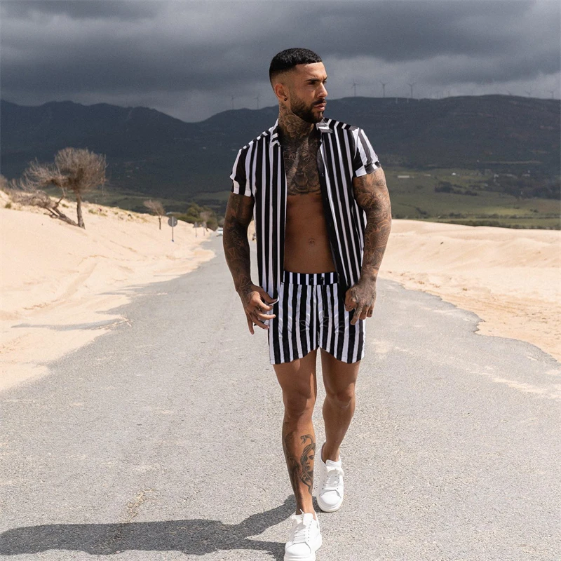 2022 summer new men's shirts 3D digital printing thin section quick-drying casual tops fashion striped beach casual wear