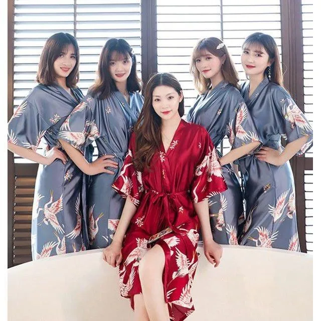 Халат Свадебный длинный и короткий атласный с принтом журавлей для невесты