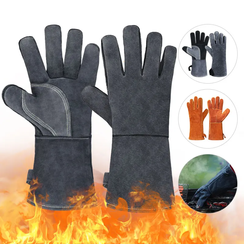 

OZERO Kitchen BBQ Oven 932°F Leather Heat Fire Resistant Gloves Silicone Grilling Mitt Barbecue Heat Lnsulation Microwave Gloves