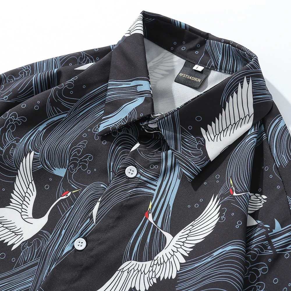 Covrlge Chinese Style Men's Crane Pattern Long Sleeve Shirt Men's Shirts Casual Trendy Fashion Slim Shirt Men Streetwear MCL351
