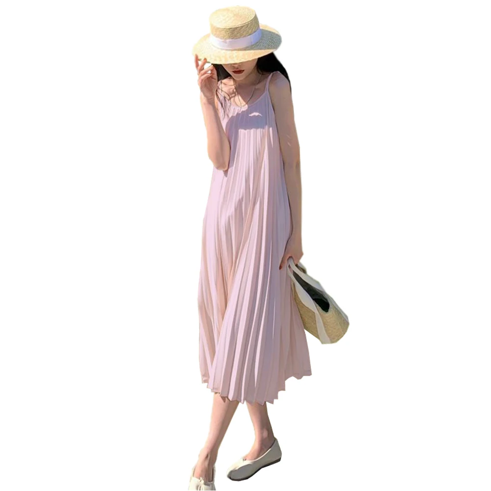 

Summer Sweet Pleated Dress Women Loose Dress Strap Sleeveless Backless 5 Color Midi Sundress Female Beach Dress Vestido Verano