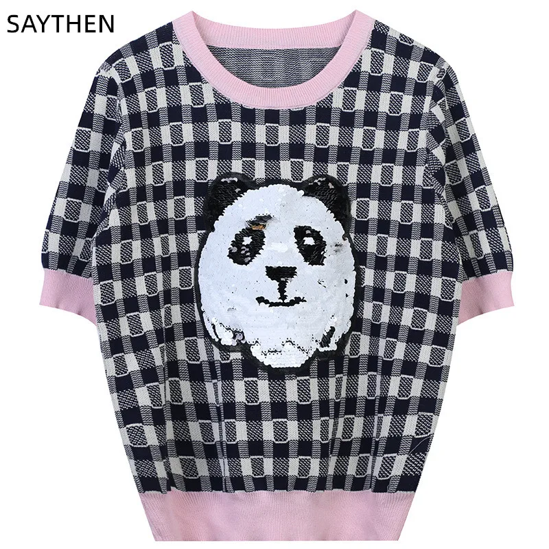 

SAYTHEN Летняя женская футболка 2022 Новинка клетчатая животная вышивка блестками Милая круглая шея трикотажная тонкая секция
