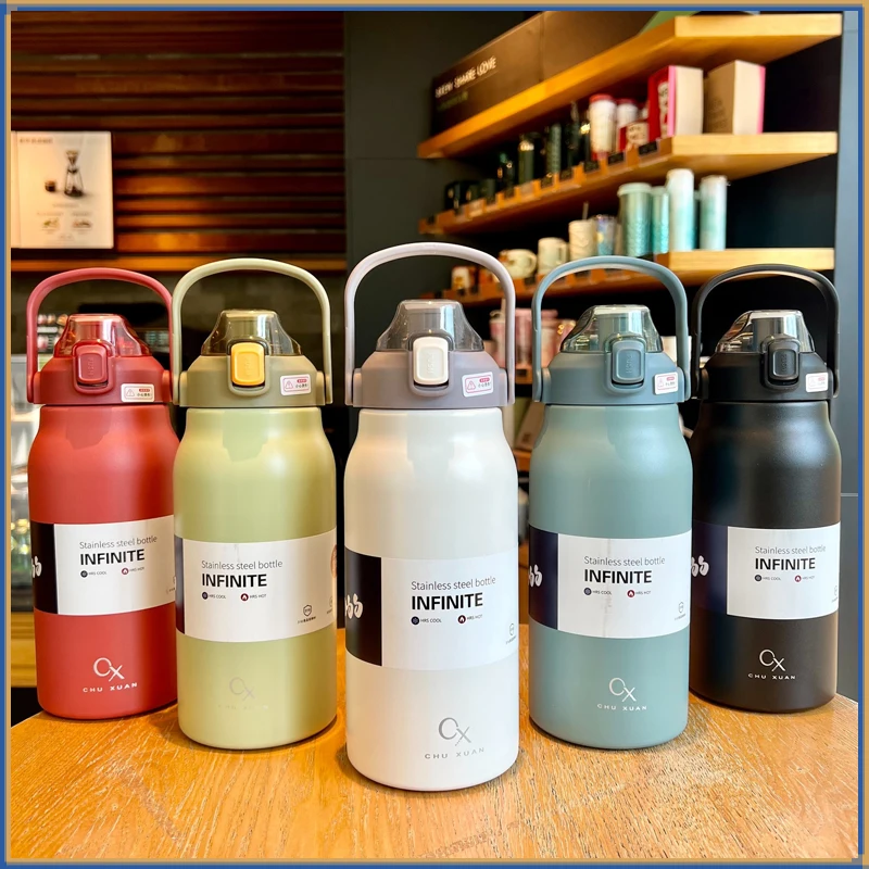 

1.7L Stainless Steel Vacuum Mug Portable Thermos Water Bottle Large Capacity With Lid Straw Sport Gym Cold And Hot Tumbler Cup