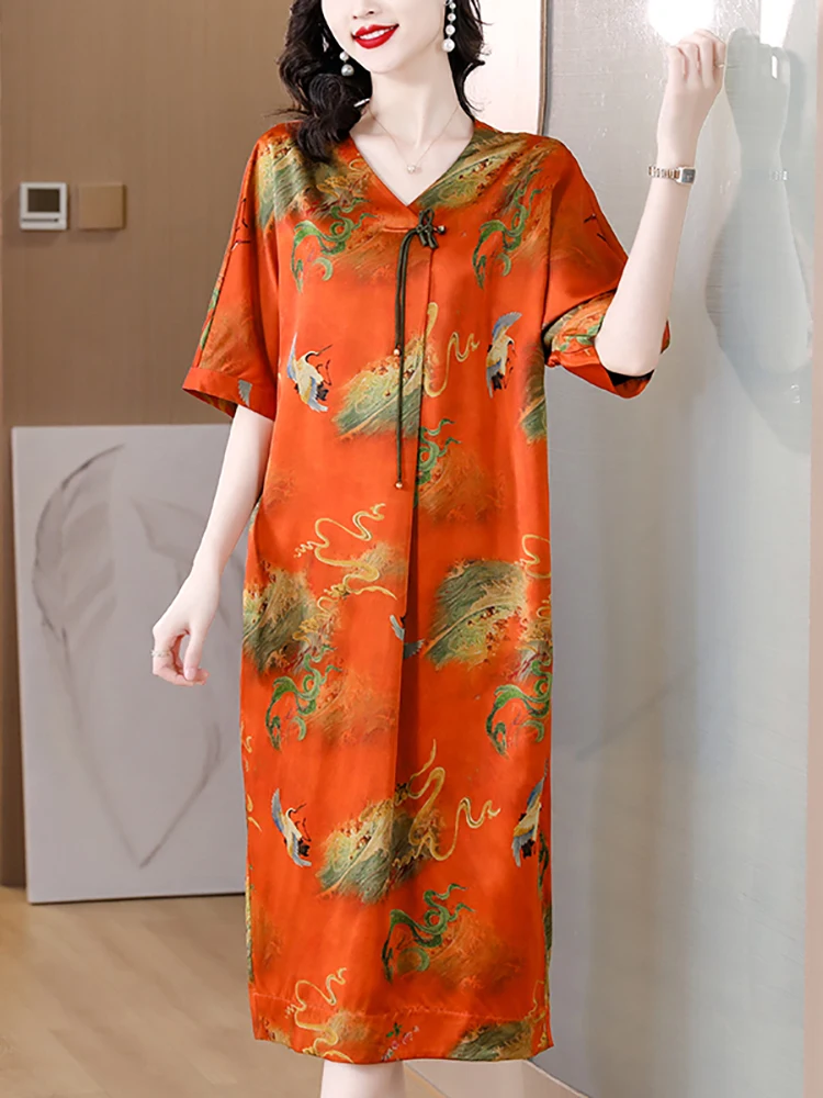 

2023 Print Silk Short Sleeve V-Neck Midi Dress Women Elegant Luxury Evening Summer Korean Vintage Loose Waist Party Vestidos