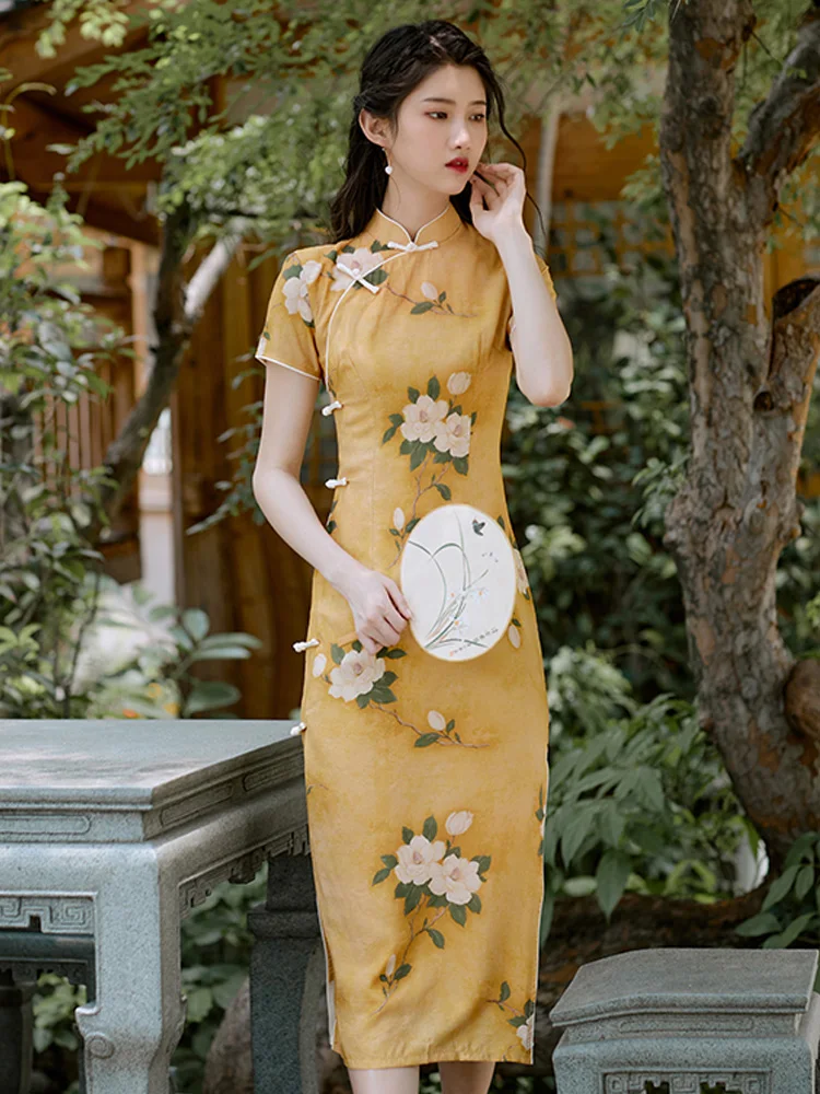 

Summer new women's clothing retro Chinese ethos quality half high collar qipao type slit dress literary girl printed long dress