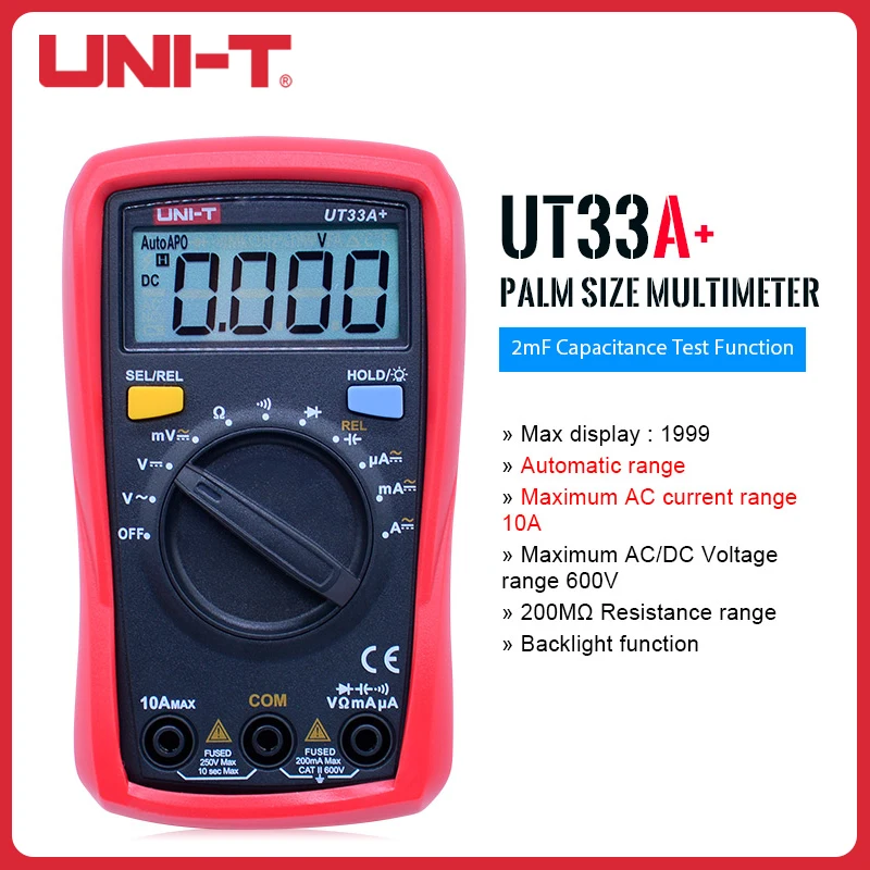 

UNI-T Mini Digital Display Multimeter 600V Non-contact Capacitance Temp Tester Anti-burn Ammeter Voltmeter UT33A+/B+/C+/D+
