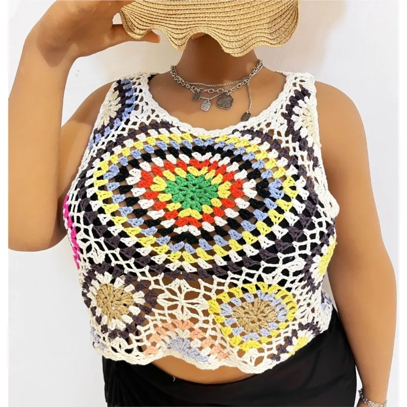 

Casual Hollow Out Short Navel Vest Ladies Traditional Mixed Color Pullover Sexy Mujer African Clothing 2023 Summer New L-3XL