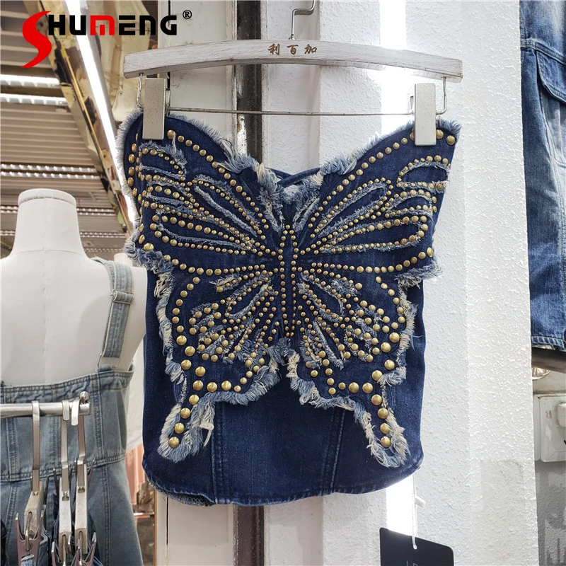 

Blue Heavy Industry Rivets Denim Camisole Top Women's Butterfly Beaded Tassel Sexy Suspenders Slimming Back Elastic Y2k Top