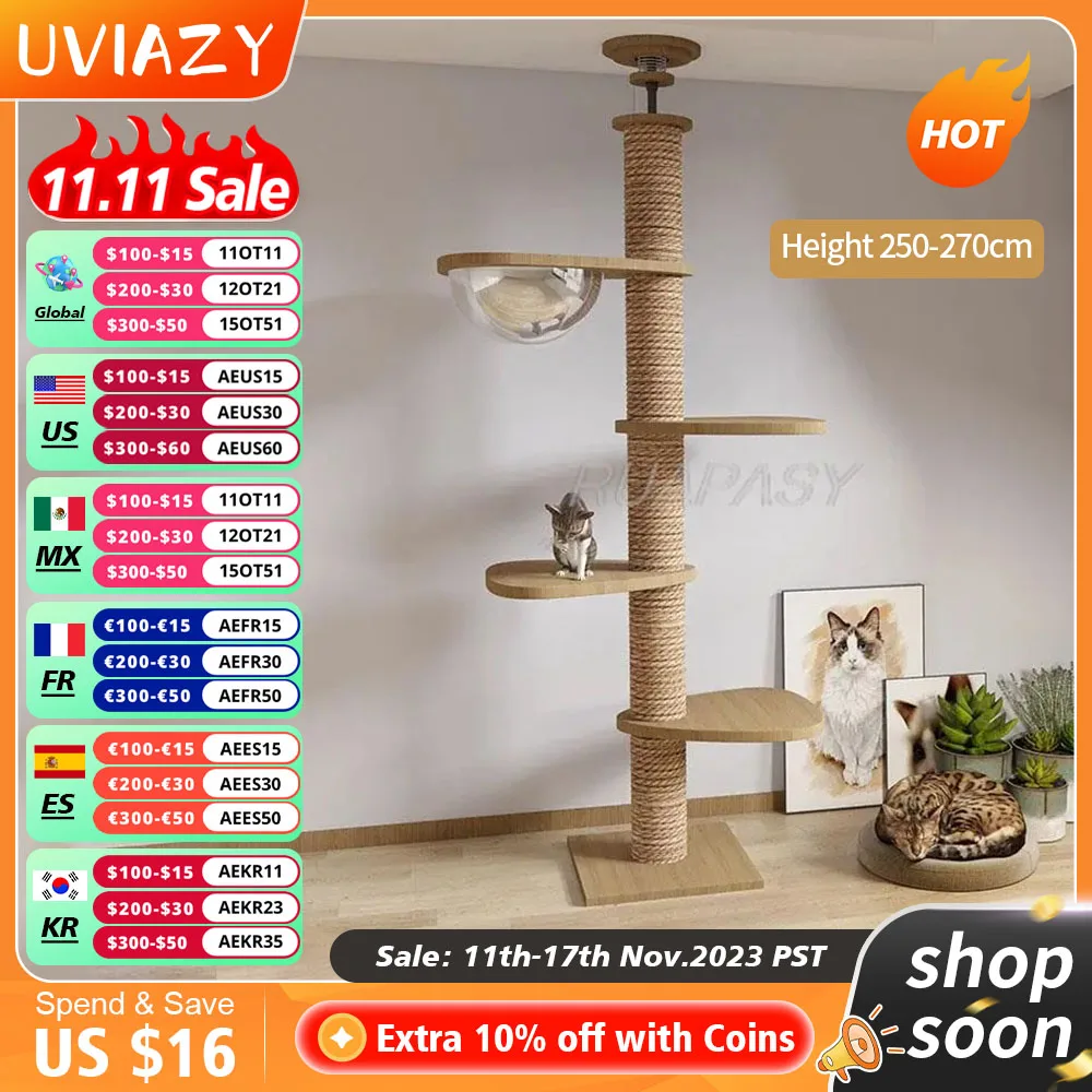 

Cat Tree Floor to Ceiling Cat Tower Adjustable Kitten Multi-Level Condo With Scratching Post Pad Hammock Pet Cat Activity Center