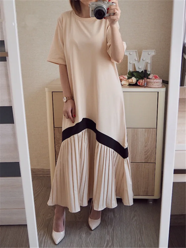 Женское плиссированное платье с длинным рукавом круглым вырезом и высокой