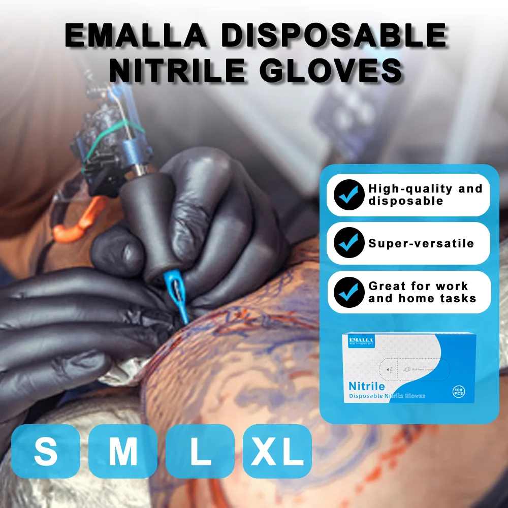 100 шт. EMALLA одноразовые нитриловые перчатки черные водонепроницаемые защитные для