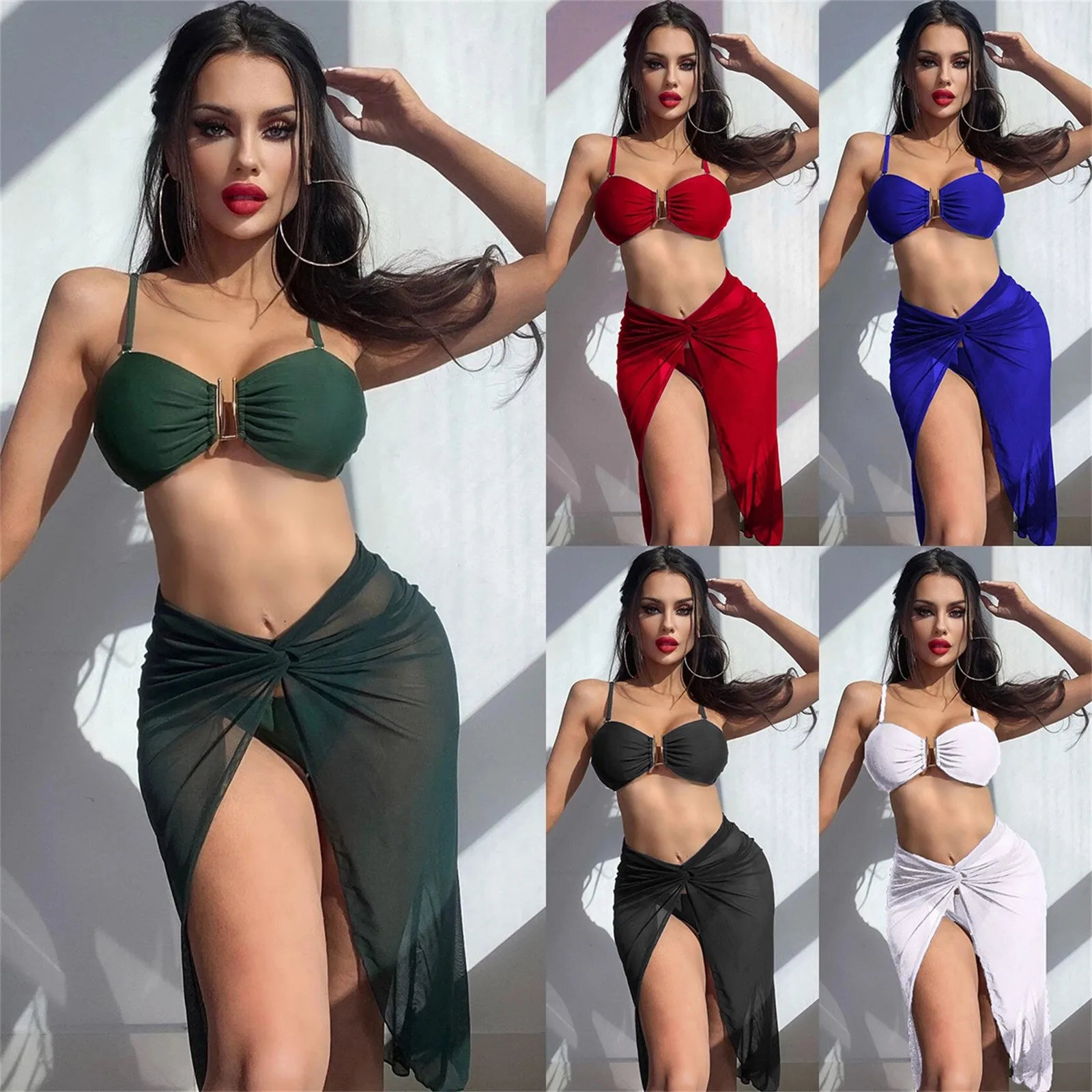 

Swimsuit Women'S Split Three Piece Mesh Pure Color Bikini Sexy Ladies Swimsuit Swimsuit Swimsuits for Older Women with Skirt