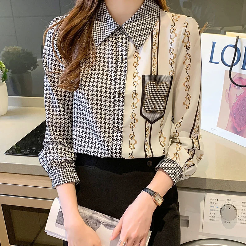 

Spring Elegant Office Lady Women Houndstooth Patchwork Shirts Long Sleeve Lapel Women Chiffon Blouses Summer Blusas De Mujer