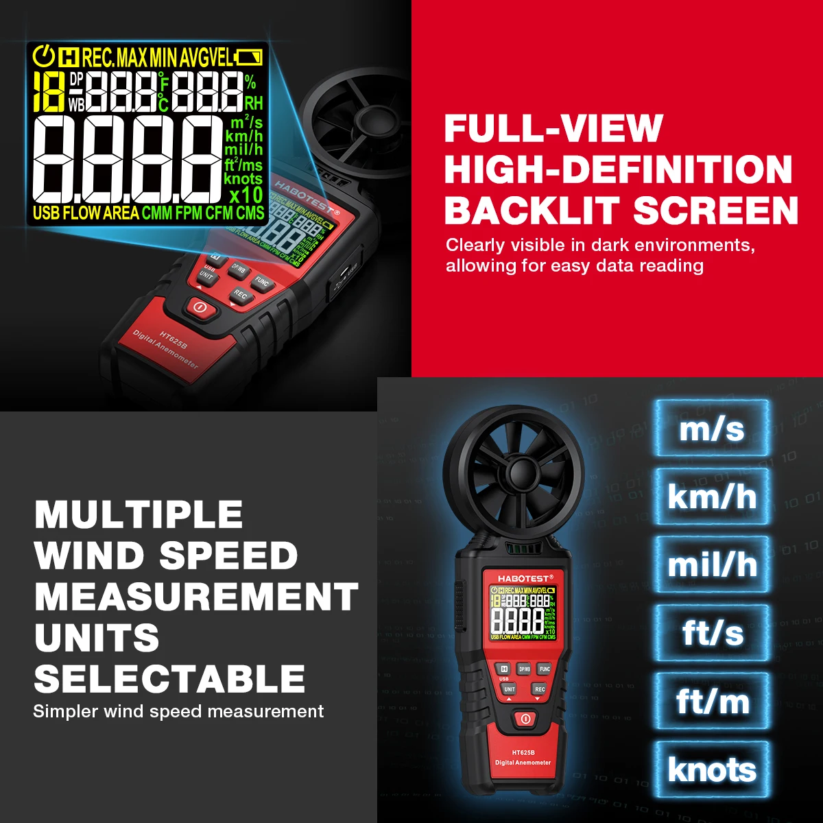 HABOTEST HT625 Цифровой Анемометр Портативный Ручной Тестер Скорости Ветра С