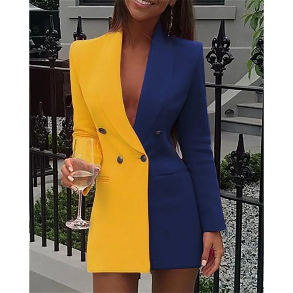 Elegant Suit Orange Blazer Dress Women Patchwork Vintage Suit Jacket Women Bleizer Casual De Mujer Splicing V Neck Female Dress