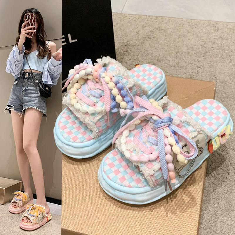 

Холщовые женские шлепанцы, летняя новая обувь на платформе, на шнуровке, модные Универсальные клетчатые сандалии с бантом в Корейском стиле, разные цвета