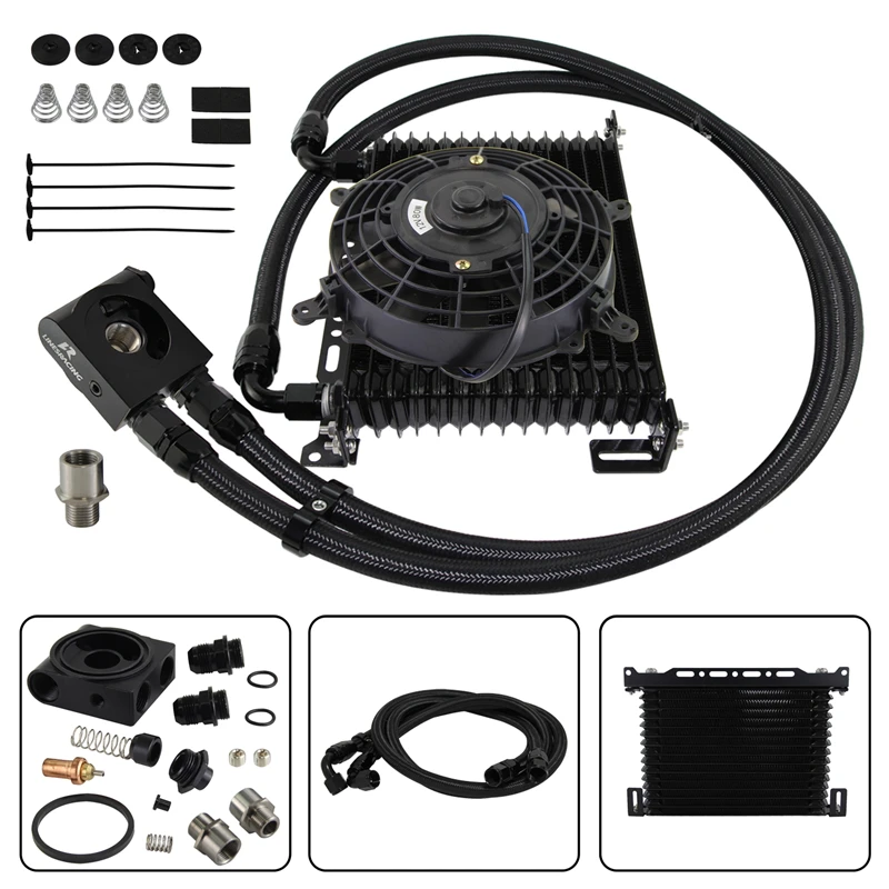 

Universal 10-19 Row Aluminum Oil Cooler Kit AN10 w/ Bracket Kit Thermostatic 73±0.5°+7/8"-14 UNF And 1/8" NPT Electric Fan